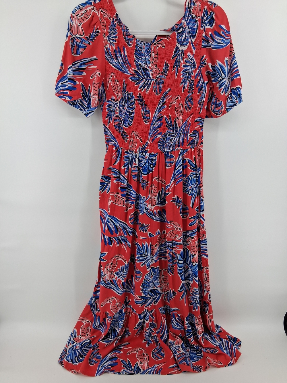 Sincerly Jules Coral Maxi Dress with Blue and White Leaf Print
